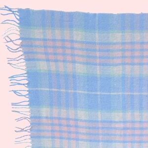 Vintage Baby Blanket Pastel Plaid Acrylic Fringe Made in Italy Pink Blue 36x35"